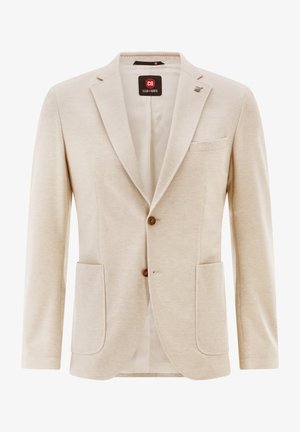 Beige blazer with a checkered pattern, single-breasted design, notched lapels, two front pockets, and brown buttons. Soft texture.