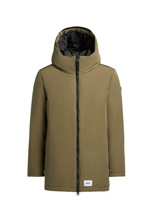 Giacca verde oliva con colletto alto e cappuccio regolabile. Presenta una zip nera centrale e una texture di tessuto in poliestere liscio.