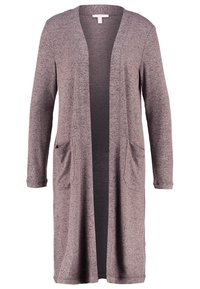 Cardigan long et ouvert à l'avant en tissu mauve doux et texturé. Comprend des manches longues et deux poches avant.