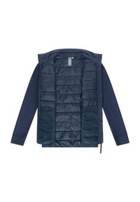 Laivastonsininen hybriditakki, jossa sileä ulkokuori ja tikattu, pehmustettu sisus. Varustettu vetoketjulla ja kevyellä rakenteella. Pehmeä rakenne.