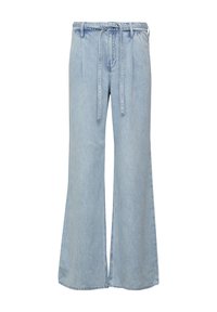 Light blue wide-leg jeans made from denim. Feature a drawstring waist and a relaxed fit with subtle fading and stitch detailing.