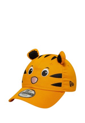 Orangefarbene Kappe mit Tigergesicht-Design, schwarzen Streifen und Ohren. Aus Stoff gefertigt, mit einem gebogenen Schirm und vorn gestickten Details.