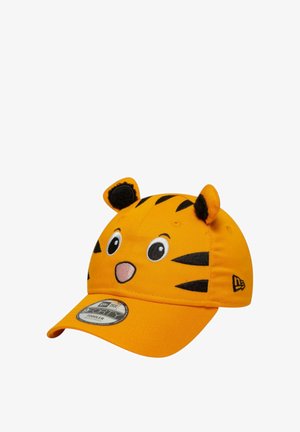 Orangefarbene Kappe mit Tigergesicht-Design, schwarzen Streifen und Ohren. Aus Stoff gefertigt, mit einem gebogenen Schirm und vorn gestickten Details.