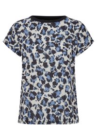Top de manga corta en una tela crema con un estampado de leopardo azul y negro, con un cuello redondo acanalado negro y un corte holgado.