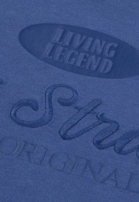 Μπλε ύφασμα με ανάγλυφο κείμενο «LIVING LEGEND» και «Original» με στιλιζαρισμένη γραφή. Λεία υφή, ομοιόμορφο χρώμα και διακριτική λάμψη.
