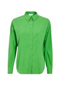 Zielona koszula na guziki wykonana z gładkiej bawełny, z klasycznym kołnierzykiem, długimi rękawami i zaokrąglonym dołem oraz pasującymi guzikami z przodu.