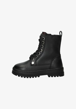 Bottines en cuir noir avec une finition texturée, bout rond et laçage à l'avant. Elles présentent des œillets métalliques et une semelle épaisse.