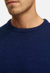 Marineblå strikkegenser med rund hals og ribbestrikket krage. Teksturen ser myk og litt stretchy ut.