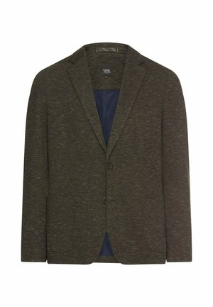 Donkergroene blazer gemaakt van textuurstof, met een nietsklap en twee knoppen, en een enkele zak. De binnenvoering is navyblauw.