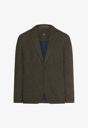 Ciemnozielona marynarka wykonana z teksturowanej tkaniny, z klapami, dwoma guzikami i jedną kieszenią. Wewnętrzna podszewka jest granatowa.