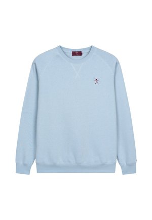 Hellblaues Sweatshirt aus Baumwollmischgewebe, mit Rundhalsausschnitt, Raglanärmeln und einem kleinen bordeauxroten Logo auf der Brust.