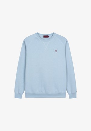 Hellblaues Sweatshirt aus Baumwollmischgewebe, mit Rundhalsausschnitt, Raglanärmeln und einem kleinen bordeauxroten Logo auf der Brust.