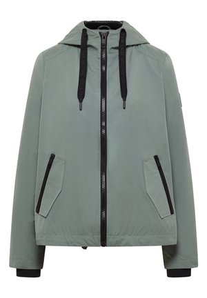 Vaaleanvihreä huppari, jossa musta vetoketju, mustat kiristysnauhat ja vetoketjulliset sivutaskut, esitetty tasaisesta etunäkökulmasta.