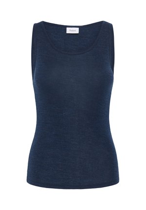 Tumed sinine tank top, mis on valmistatud pehmest, tekstureeritud kangast. Omab ümmargust kaelust ja ilma varrukateta disaini, sobituv siluett.