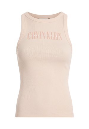 Canottiera beige a costine senza maniche con una stampa del logo discreta in rosa chiaro. Texture liscia, forma aderente e scollatura rotonda.