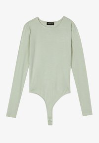 Long-sleeve bodysuit in light mint green, made of soft fabric. Features a round neckline and a snap closure at the bottom.