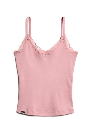 Różowa, prążkowana kamizelka na ramiączkach z koronkowym wykończeniem przy dekolcie i ramiączkach. Miękka tkanina o dopasowanym kroju, z metką logo na dole.