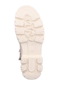 Suela de zapato de goma blanca con un diseño texturizado, patrones de banda de rodadura angulares, detalles de marca y un marcador de tamaño 37.
