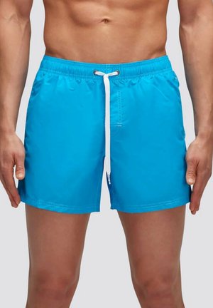 Costumi da bagno azzurri brillanti realizzati in tessuto leggero, dotati di vita elasticizzata, cordoncino bianco e tasche laterali.
