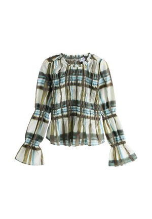 Halenka s květinovým vzorem v světle krémové barvě s modrými a zelenými pruhy. Má řasené volánové rukávy a elastický výstřih pro pohodlné nošení.