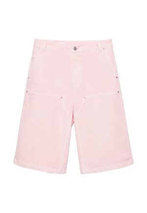 Világos rózsaszín, térd fölé érő farmer rövidnadrág elülső zsebekkel, övbújtatókkal és gombos záródással.