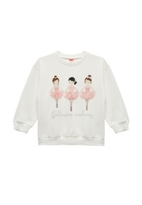 Valkoinen collegepaita, jossa on kolme kuvitetua balettitanssijaa vaaleanpunaisissa tutussa. Alla oleva teksti lukee "Ballerina-akatemia". Pehmeä materiaali, jossa on ribbireunat.