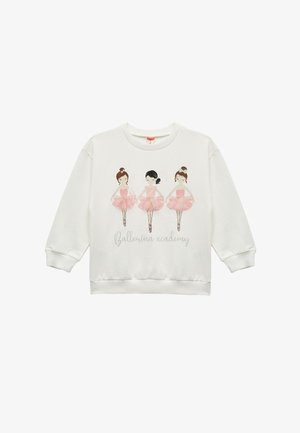 Sudadera blanca con tres bailarinas ilustradas en tutús rosas. El texto debajo dice "Academia de ballet." Material suave con puños acanalados.