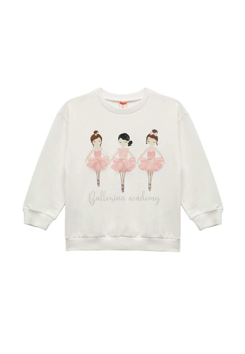 Valkoinen collegepaita, jossa on kolme kuvitetua balettitanssijaa vaaleanpunaisissa tutussa. Alla oleva teksti lukee "Ballerina-akatemia". Pehmeä materiaali, jossa on ribbireunat.