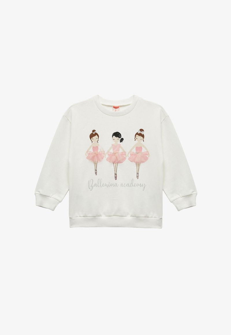 Felpa bianca con tre ballerine illustrate in tutù rosa. Sotto c'è la scritta "Accademia di Ballerine". Materiale morbido con polsini a coste.