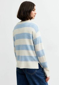 Maglione a righe blu e bianche, texture morbida, vestibilità rilassata, orlo a coste, leggera apertura laterale, indossato sopra jeans in denim, etichetta visibile sul retro.