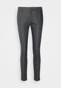 Pantalons ajustés gris foncé en tissu lisse, coupe slim, à l'avant plat et avec passants de ceinture, sans motifs ni éléments métalliques apparents.