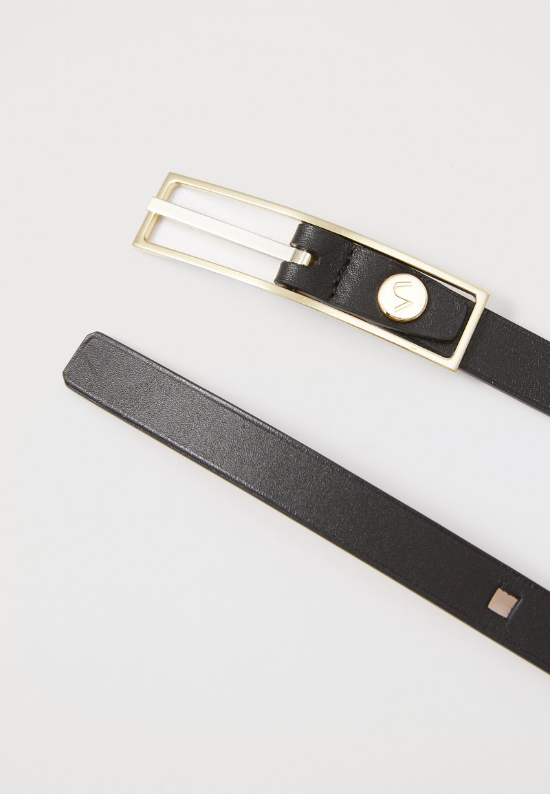 Black leather belt featuring a rectangular gold-tone buckle with two white stripes and a round logo accent. Smooth texture, minimal hardware.