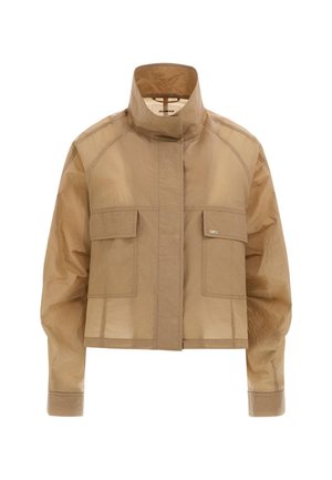 Beige lyhyt takki, jossa on korkea kaulus, kaksi etutaskua ja läpikuultava, teksturoitu kangasdesign. Siistit viivat ja minimalistinen tyyli.