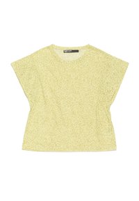 Gelbes T-Shirt mit kurzen Ärmeln und subtilen Leopardenmuster, lockere Passform, runder Ausschnitt und weiche Textur. Saum sauber verarbeitet und keine sichtbaren Hardwareteile.