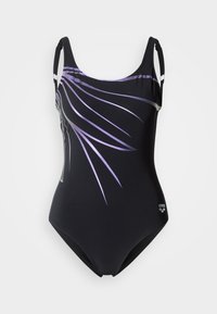 Μαύρο ολόσωμο μαγιό με μοβ γραφικές γραμμές και κομψό σχέδιο. Διαθέτει ρυθμιζόμενους ιμάντες και λογότυπο στο κάτω μέρος. Ομαλή υφή.