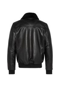 Giacca di pelle nera con colletto in morbido shearling, polsini e orlo a coste. Caratterizzata da una texture liscia e un design a vestibilità rilassata.