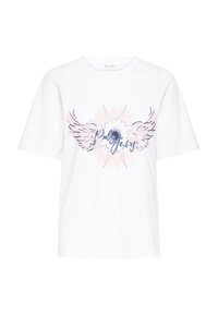 Fehér, rövid ujjú póló kerek nyakkivágással, elöl rózsaszín és kék szárny motívummal, valamint flitteres "Pulz Jeans" felirattal.