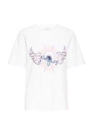 Camiseta blanca de manga corta con cuello redondo, con diseño de alas rosas y azules y texto "Pulz Jeans" en lentejuelas en el frente.