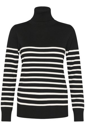 Melnas un baltas svītrainas turtleneck džemperis ar garām piedurknēm, ribota aproce un apakša. Audums izskatās mīksts un adīts ar vienmērīgām horizontālām svītrām.