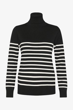Gestreifte schwarz-weiße Rollkragenpullover mit langen Ärmeln, gerippten Bündchen und Saum. Der Stoff wirkt weich und gestrickt mit gleichmäßigen horizontalen Streifen.