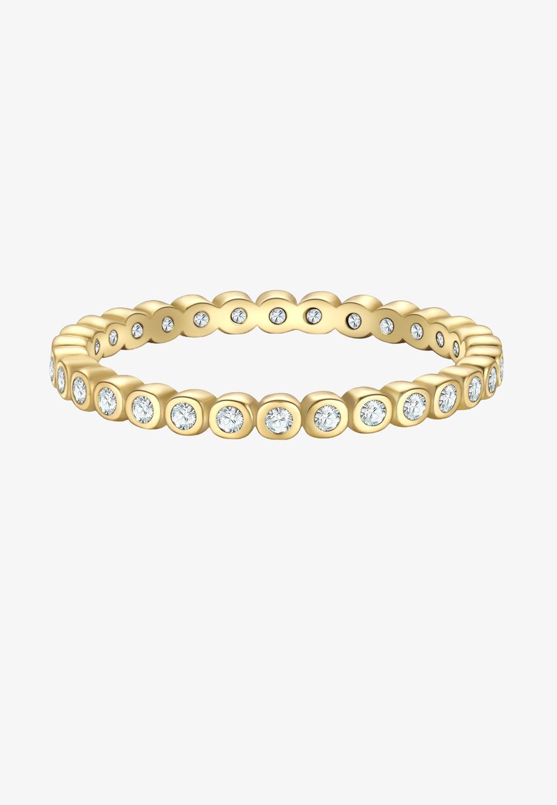 Ring i guldton med runda klara kristaller i en vågig design, vilket skapar en kontinuerlig band med en mjuk, strukturerad yta.