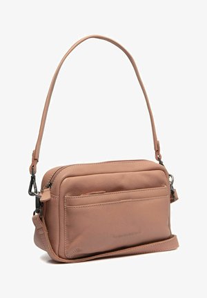Kleine rechteckige weiche braune Lederhandtasche mit vorderer Reißverschlusstasche, kurzem Griff und abnehmbarem Schulterriemen.