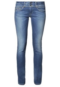 Skinny jeans in light blue denim, featuring a faded finish, two-button closure, front and back pockets, and subtle stitching accents.