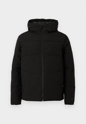 Black padded jacket with a hood, featuring a full front zipper, horizontal stitching, and elastic cuffs for a snug fit.
