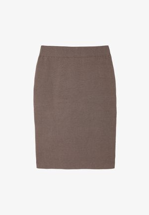 Brown knitted pencil skirt with a stretchy waistband, featuring a smooth texture and a fitted silhouette. No visible patterns or hardware.