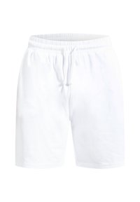 Weiße Baumwollshorts mit elastischem Bund und Kordelzug, die eine einfache, glatte Textur und einen knielangen Schnitt aufweisen.
