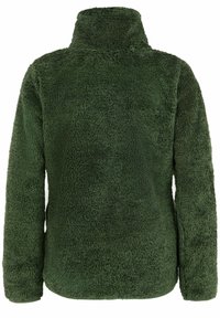 Dunkelgrüner, flauschiger Fleecepullover mit hohem Kragen, langen Ärmeln und abgerundetem Saum. Weiche Textur ohne sichtbare Verschlüsse oder Muster.