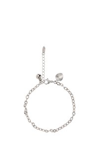 Srebrna bransoletka łańcuszkowa z ogniwami, z okrągłym charms'em i teksturowanym wisiorkiem w kształcie liścia, regulowana za pomocą przedłużki łańcuszka i z zapięciem typu lobster.