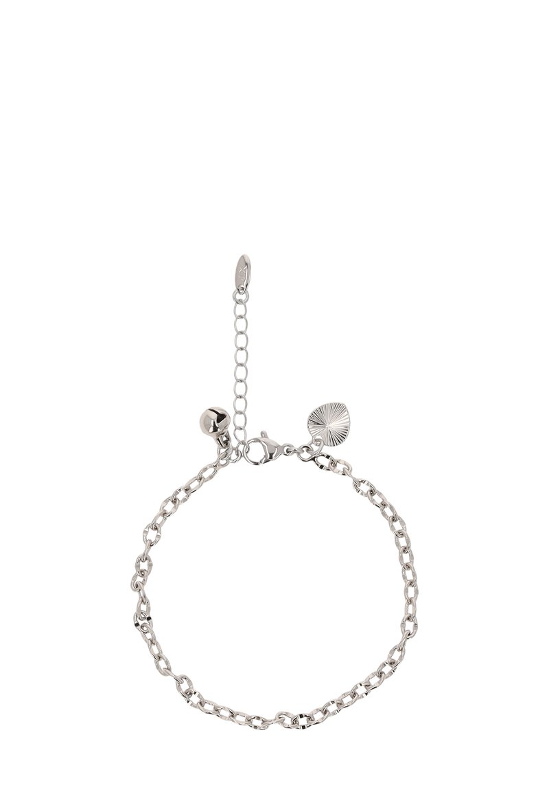 Srebrna bransoletka łańcuszkowa z ogniwami, z okrągłym charms'em i teksturowanym wisiorkiem w kształcie liścia, regulowana za pomocą przedłużki łańcuszka i z zapięciem typu lobster.