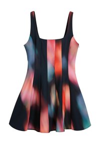 Black dress with colorful abstract pattern featuring shades of red, blue, and pink. Flared hem, scoop neckline, and adjustable straps.